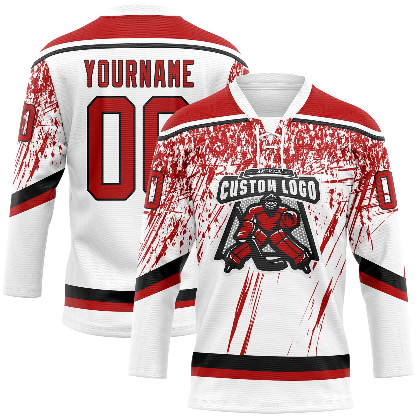 Custom White Red-Black 3D Splash Hockey Lace Neck Jersey view 2