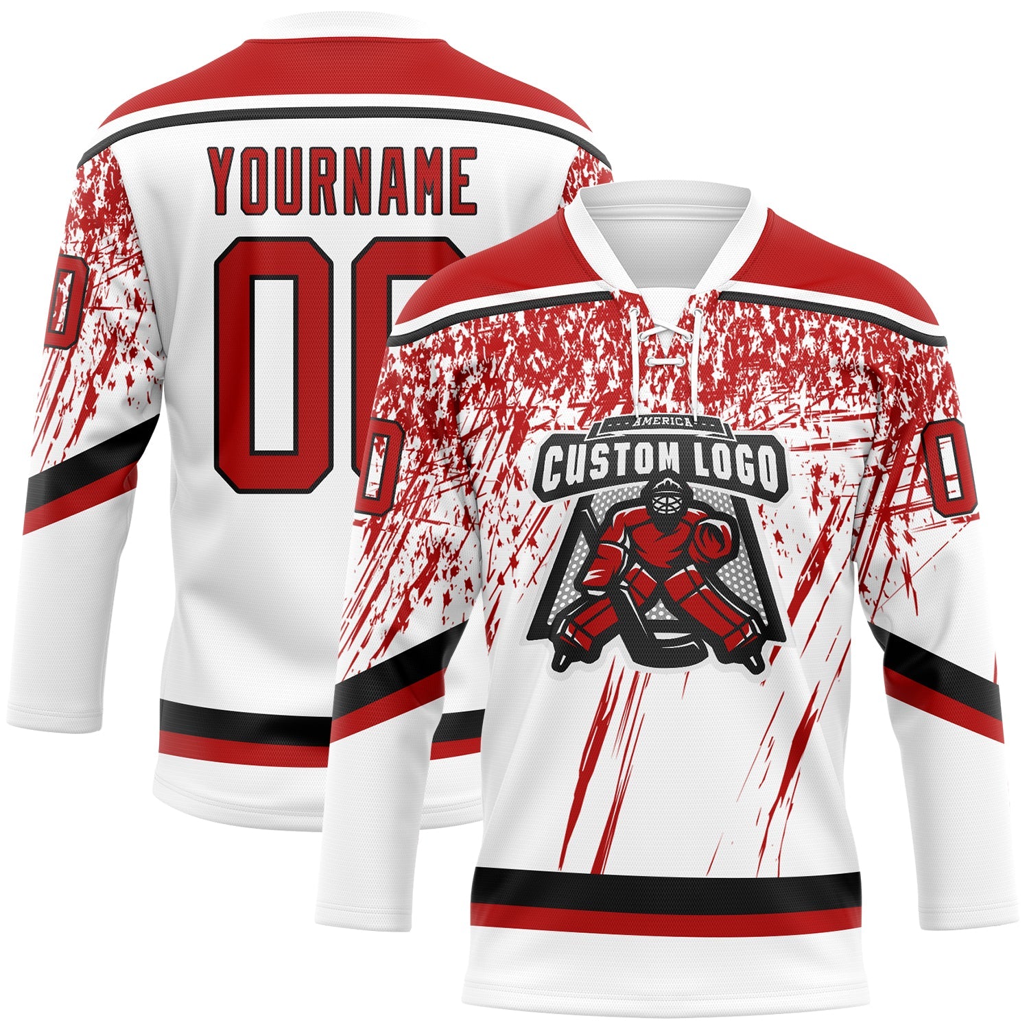 Custom White Red-Black 3D Splash Hockey Lace Neck Jersey view 2