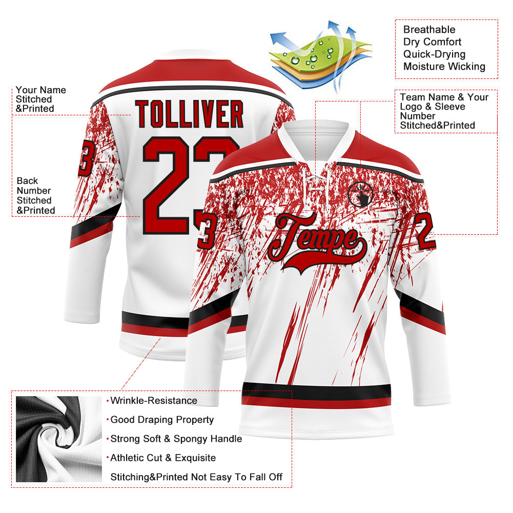 Custom White Red-Black 3D Splash Hockey Lace Neck Jersey view 3