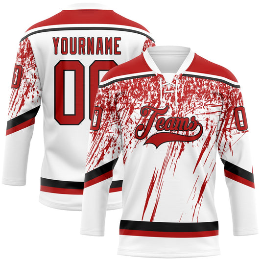 Custom White Red-Black 3D Splash Hockey Lace Neck Jersey - Main View