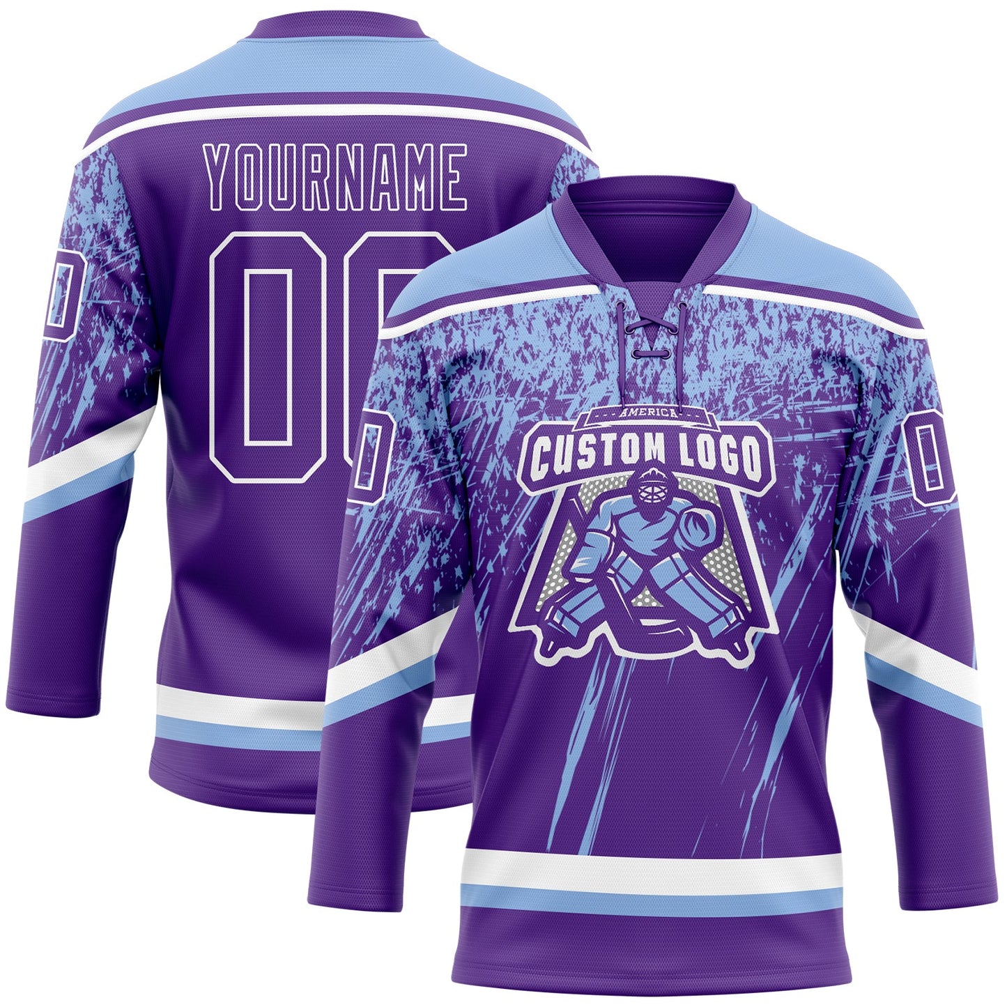 Custom Purple Light Blue-White 3D Splash Hockey Lace Neck Jersey view 2