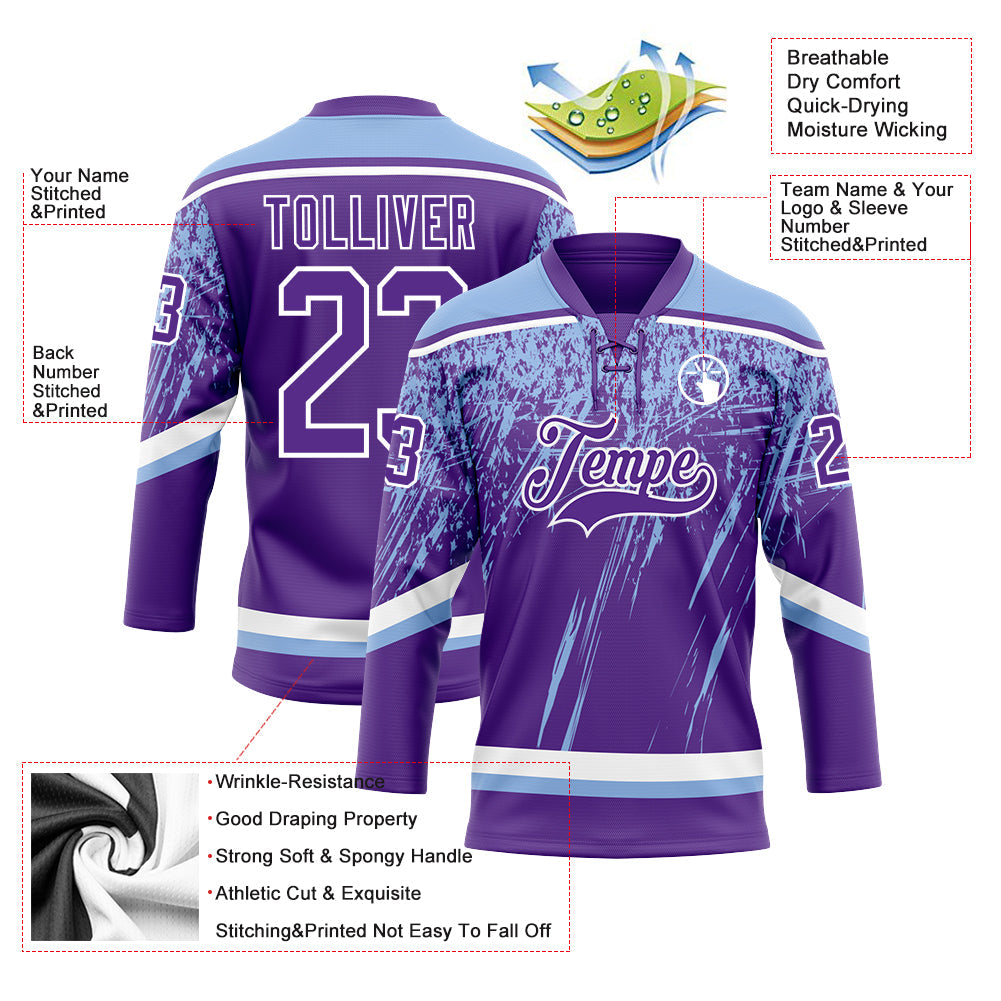 Custom Purple Light Blue-White 3D Splash Hockey Lace Neck Jersey view 3