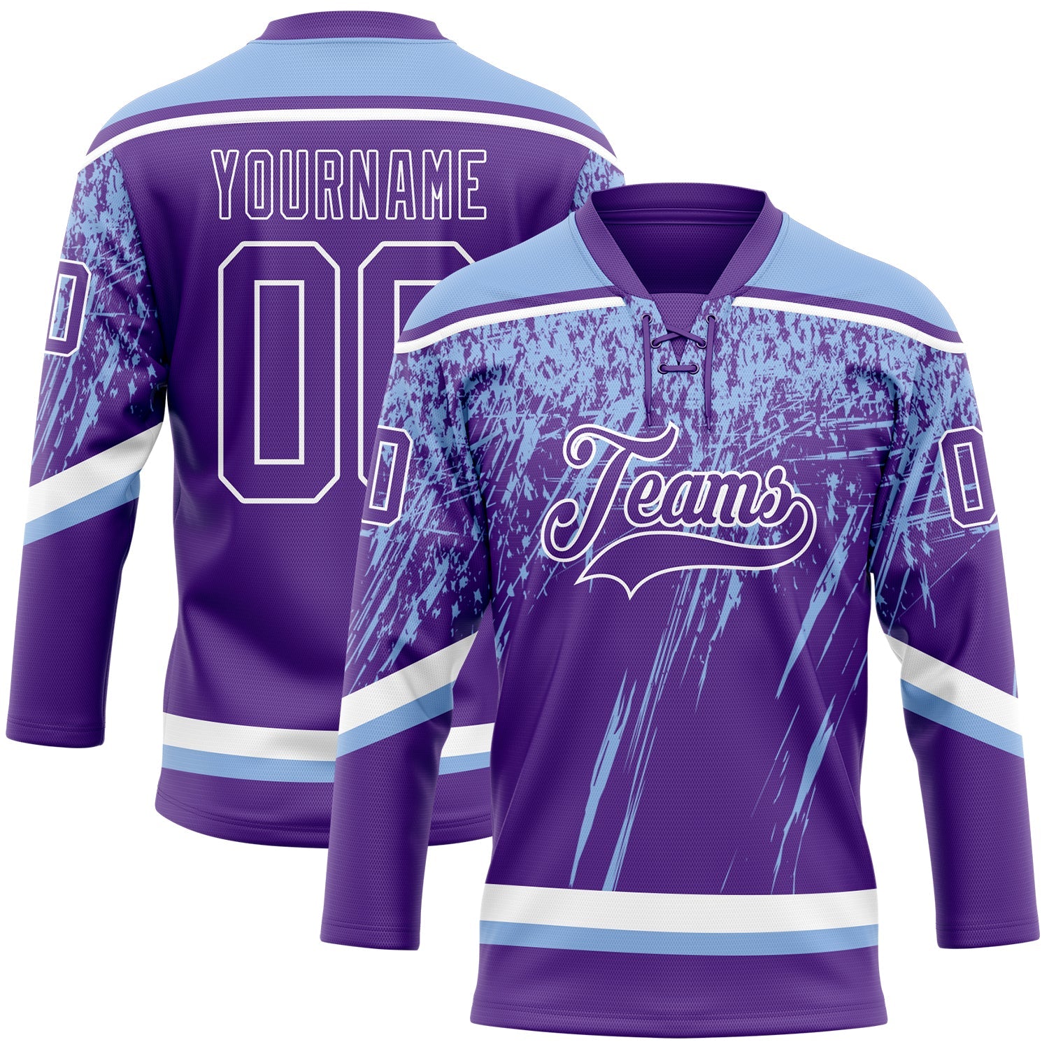 Custom Purple Light Blue-White 3D Splash Hockey Lace Neck Jersey - Main View