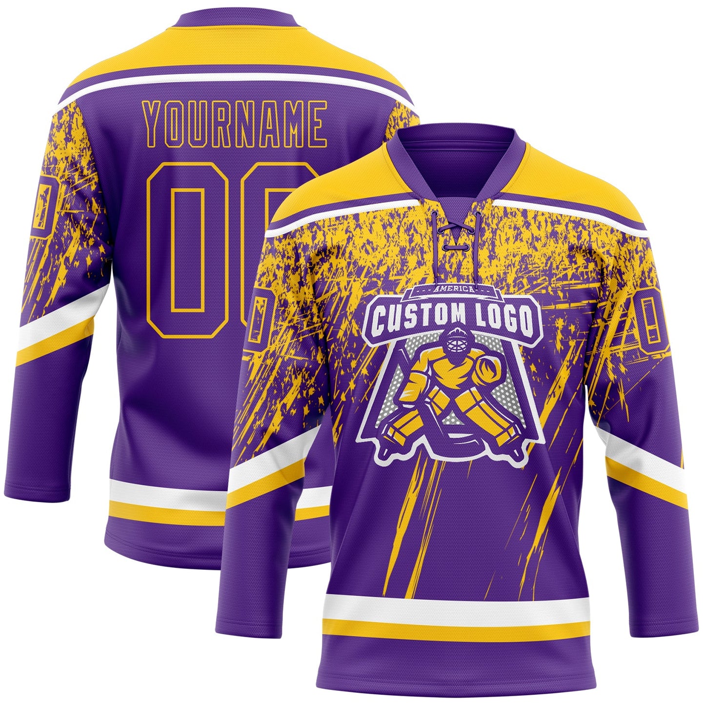 Custom Purple Yellow-White 3D Splash Hockey Lace Neck Jersey view 2