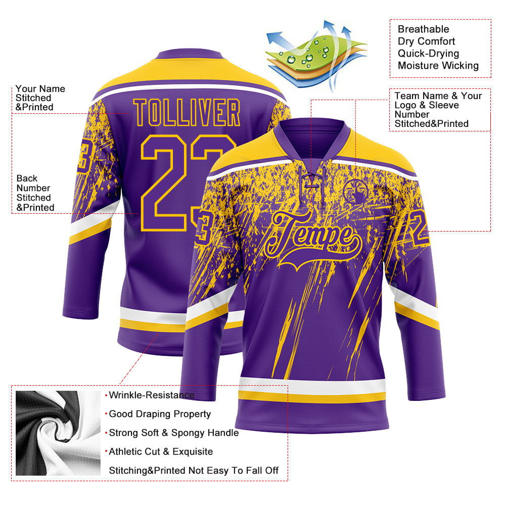 Custom Purple Yellow-White 3D Splash Hockey Lace Neck Jersey view 3