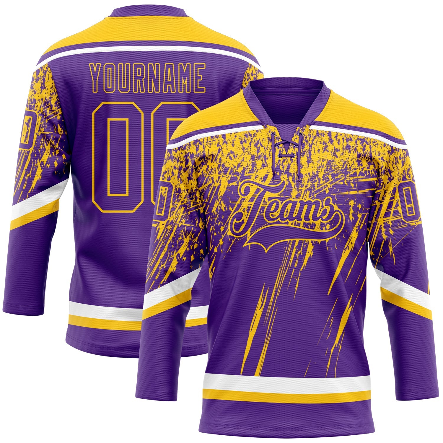 Custom Purple Yellow-White 3D Splash Hockey Lace Neck Jersey - Main View