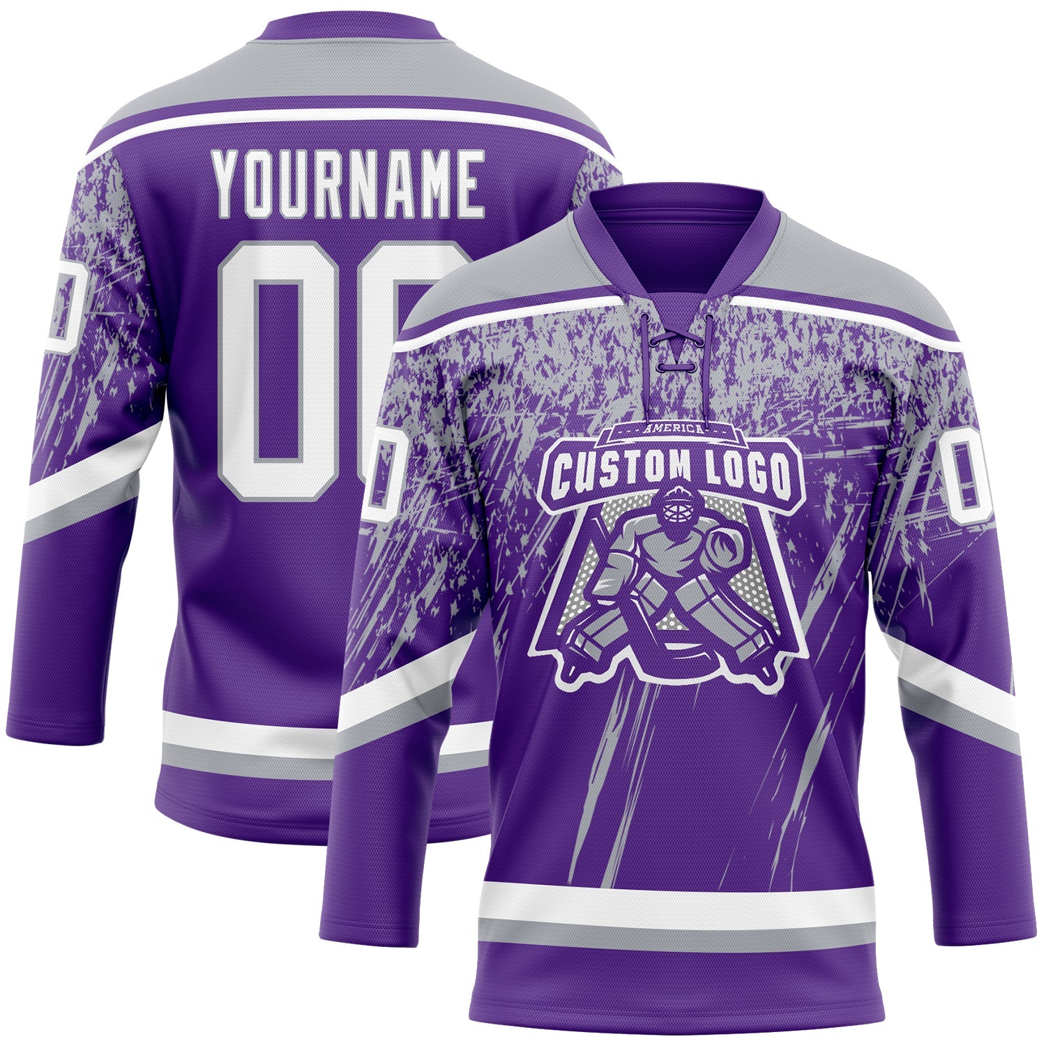 Custom Purple White-Gray 3D Splash Hockey Lace Neck Jersey view 2