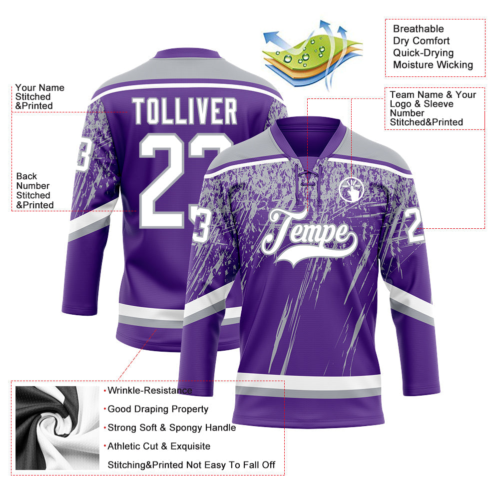 Custom Purple White-Gray 3D Splash Hockey Lace Neck Jersey view 3