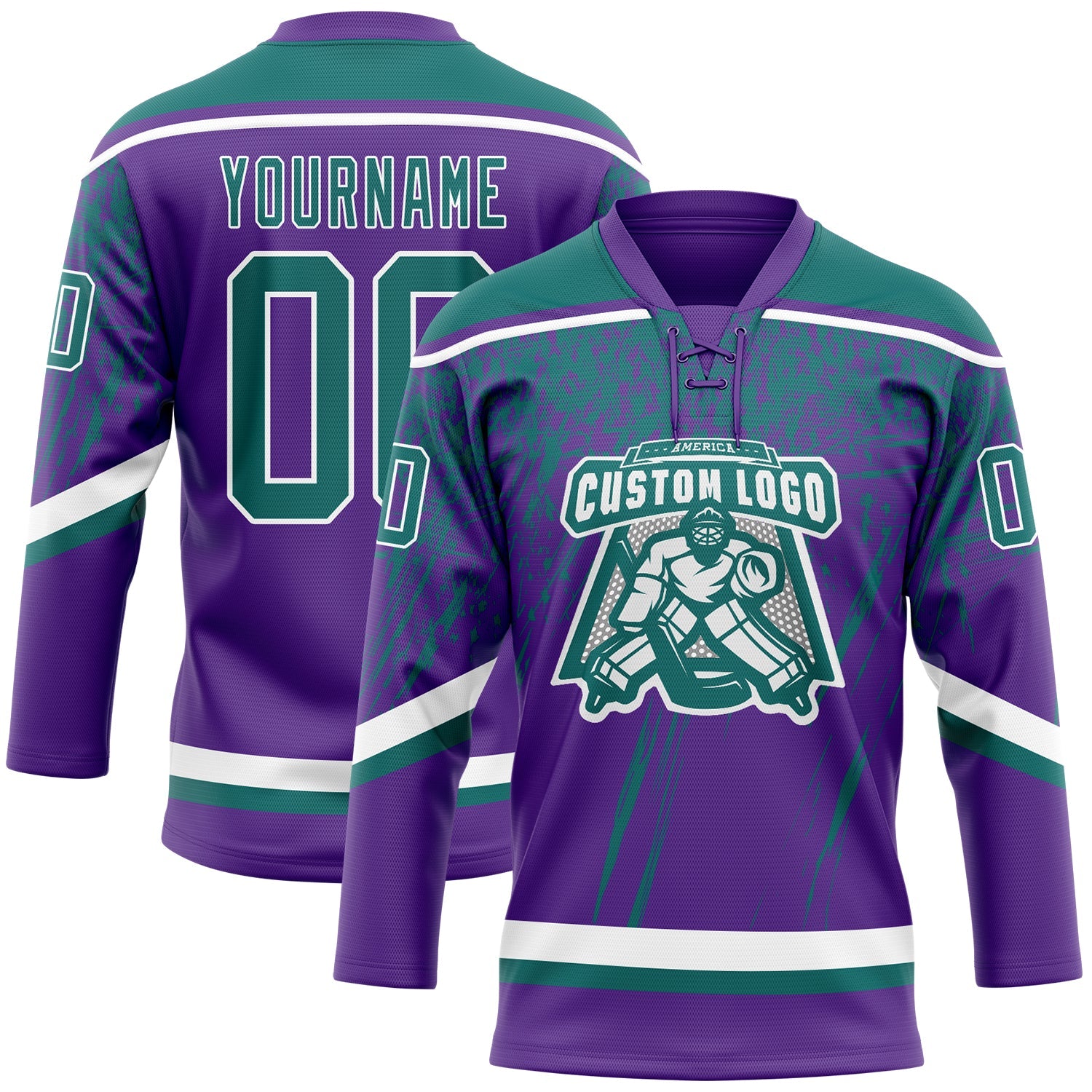 Custom Purple Teal-White 3D Splash Hockey Lace Neck Jersey view 2