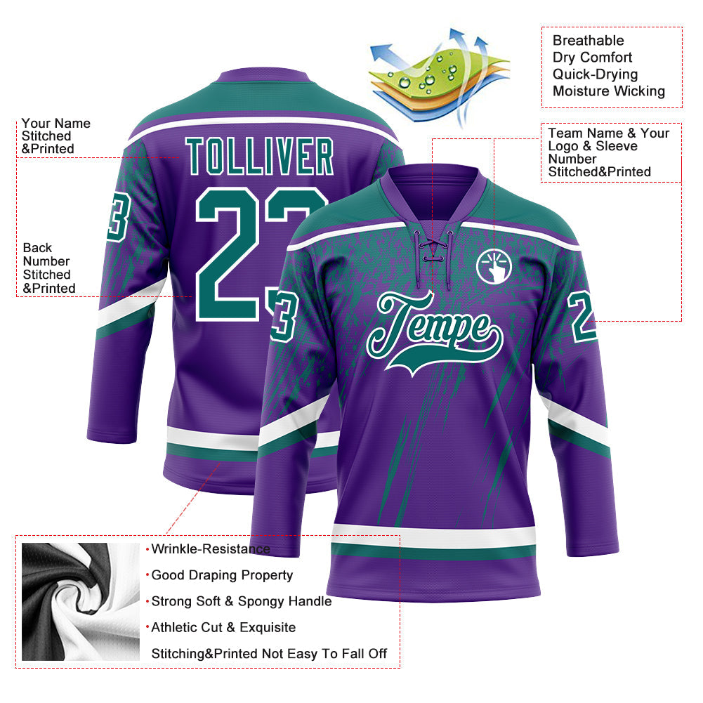 Custom Purple Teal-White 3D Splash Hockey Lace Neck Jersey view 3