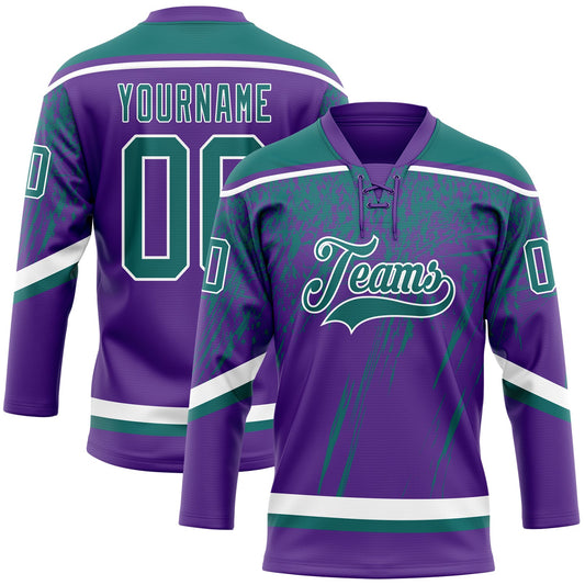 Custom Purple Teal-White 3D Splash Hockey Lace Neck Jersey - Main View