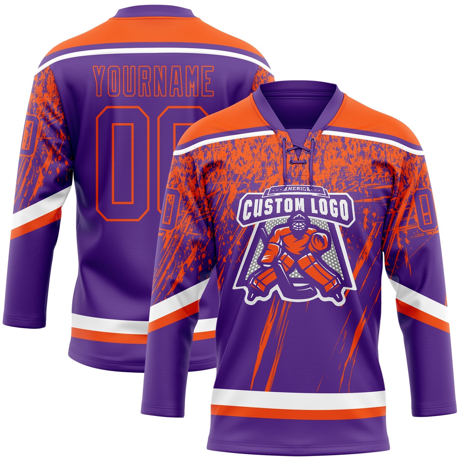 Custom Purple Orange-White 3D Splash Hockey Lace Neck Jersey view 2
