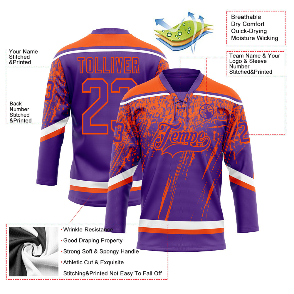 Custom Purple Orange-White 3D Splash Hockey Lace Neck Jersey view 3