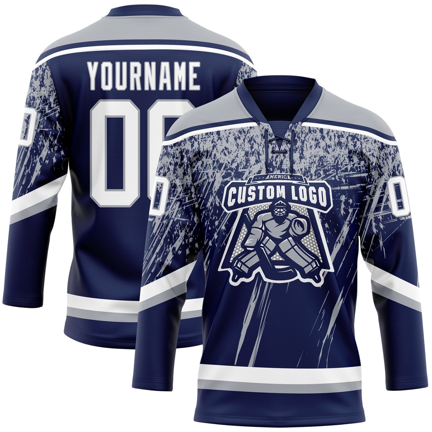 Custom Navy White-Gray 3D Splash Hockey Lace Neck Jersey view 2