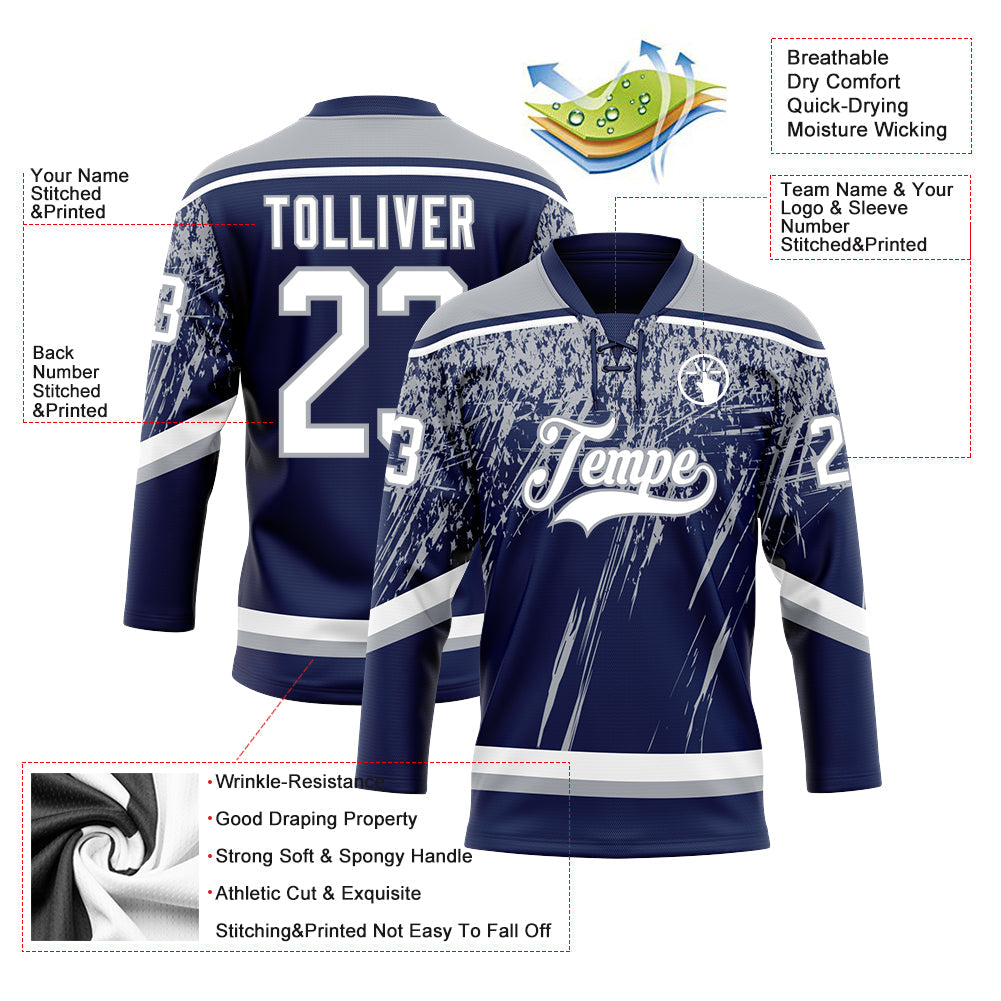 Custom Navy White-Gray 3D Splash Hockey Lace Neck Jersey view 3