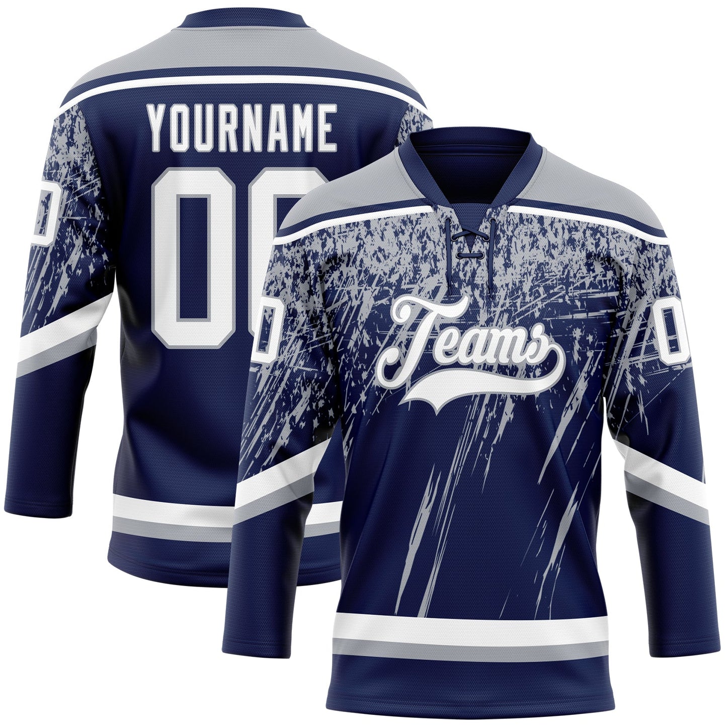 Custom Navy White-Gray 3D Splash Hockey Lace Neck Jersey - Main View