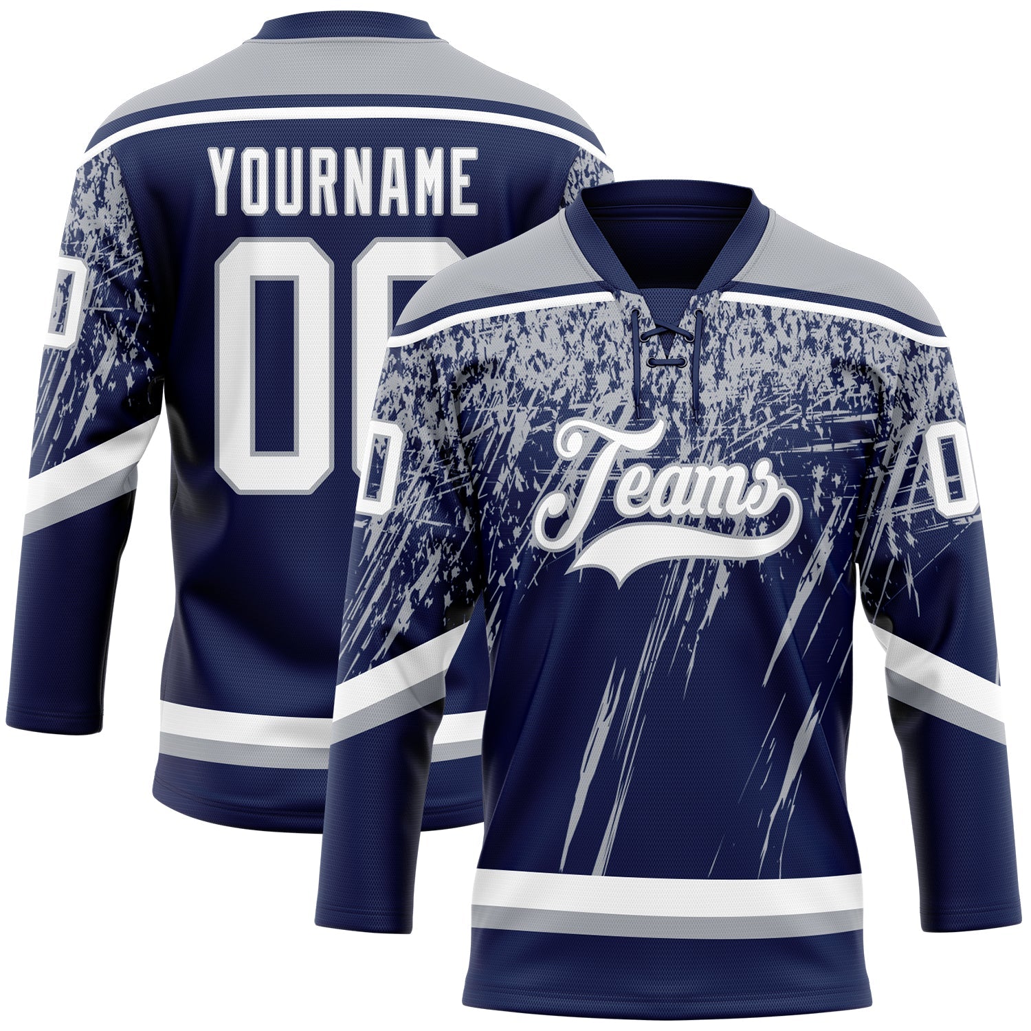 Custom Navy White-Gray 3D Splash Hockey Lace Neck Jersey - Main View