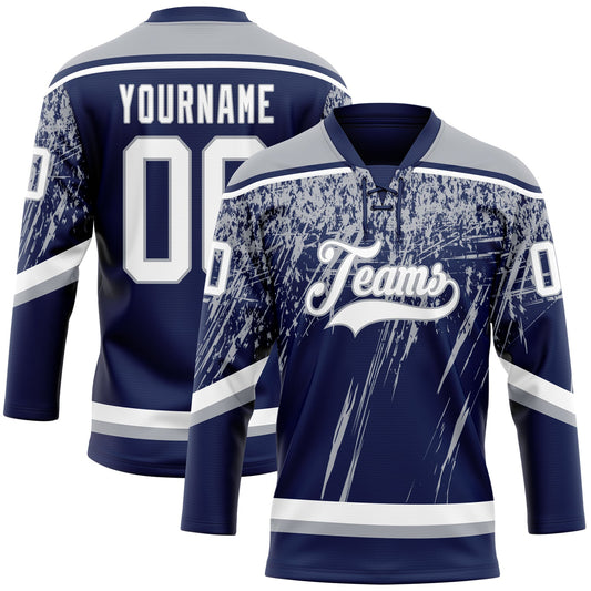 Custom Navy White-Gray 3D Splash Hockey Lace Neck Jersey - Main View