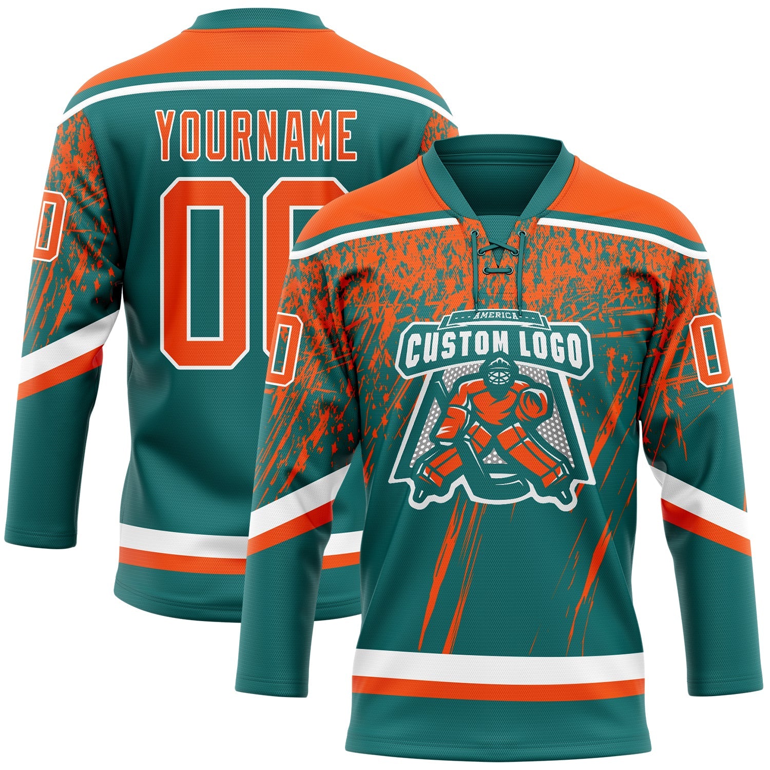 Custom Teal Orange-White 3D Splash Hockey Lace Neck Jersey view 2