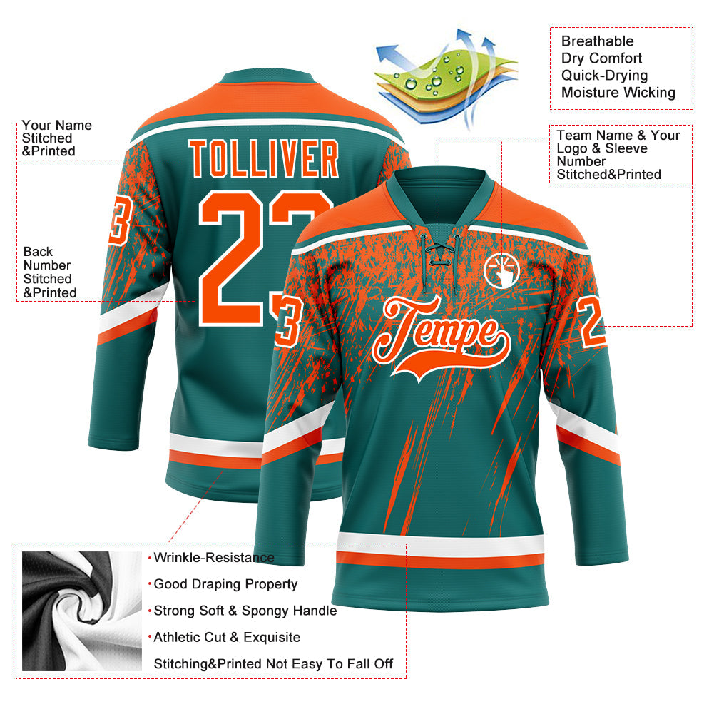 Custom Teal Orange-White 3D Splash Hockey Lace Neck Jersey view 3