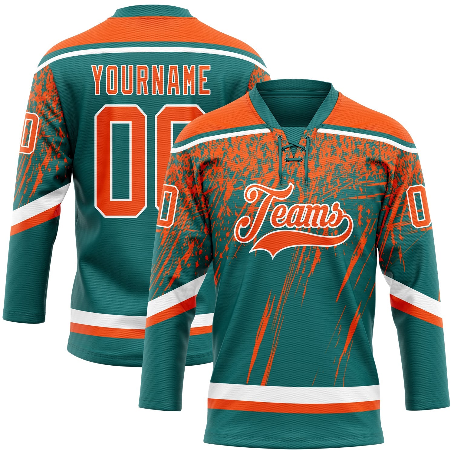 Custom Teal Orange-White 3D Splash Hockey Lace Neck Jersey - Main View
