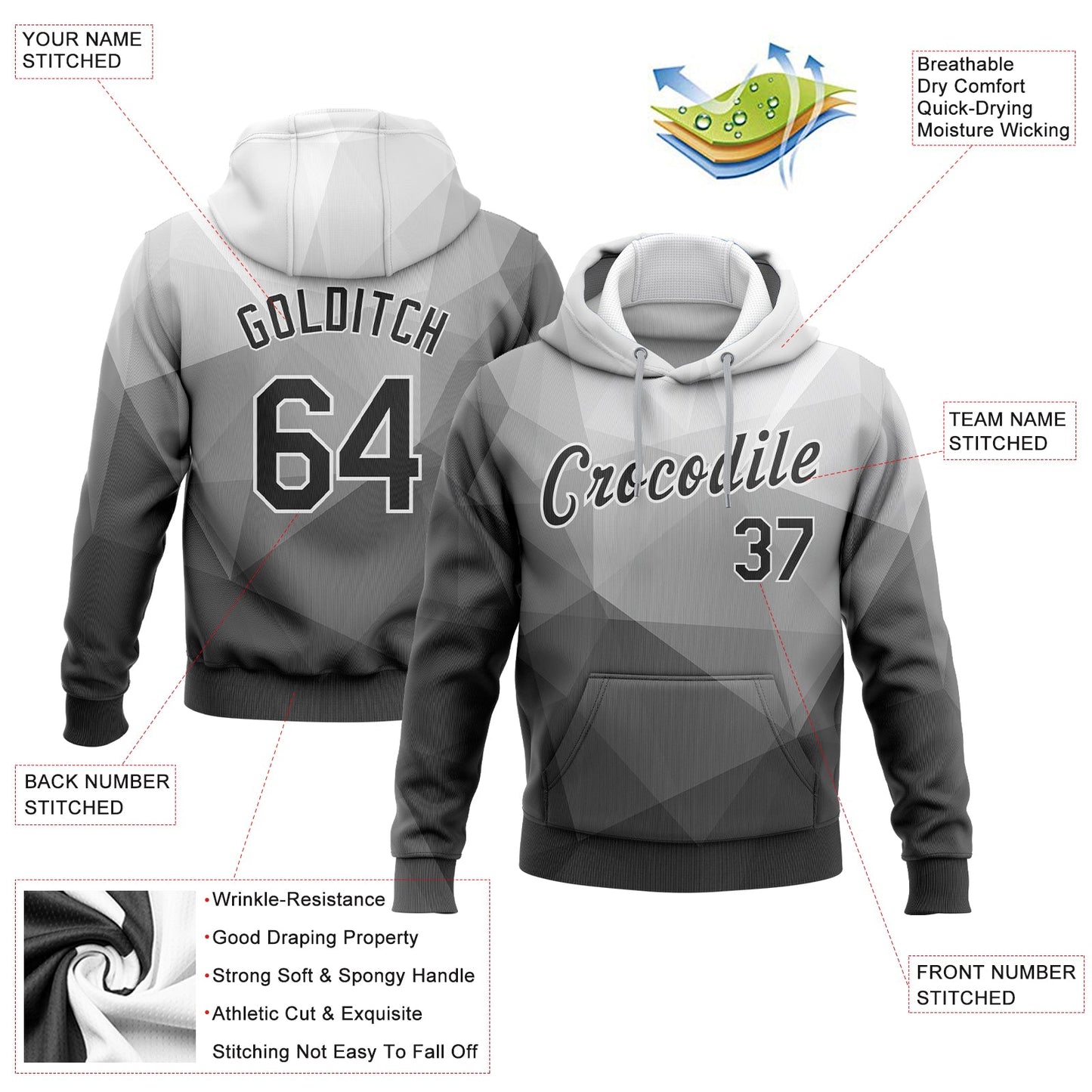Custom Stitched Gray Black-White 3D Pattern Design Abstract Geometric Sports Pullover Sweatshirt Hoodie view 2