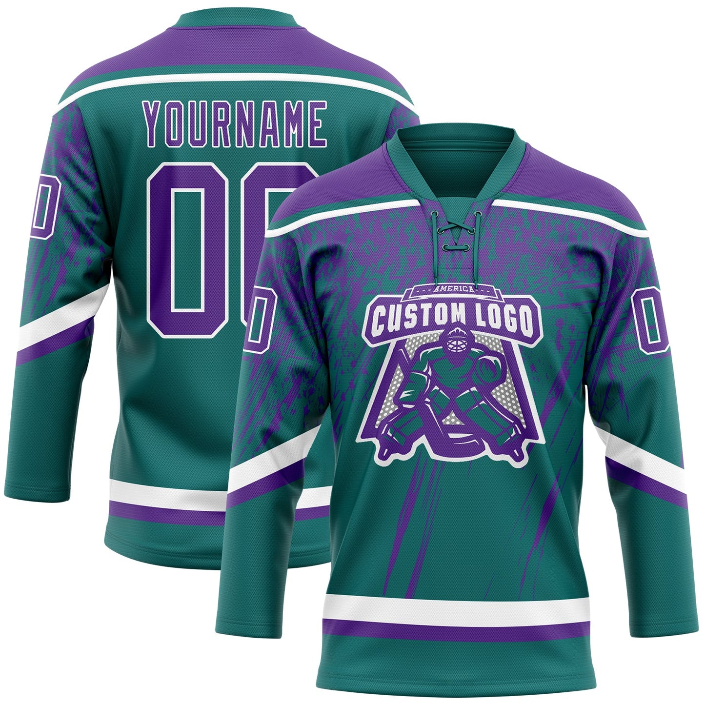 Custom Teal Purple-White 3D Splash Hockey Lace Neck Jersey view 2