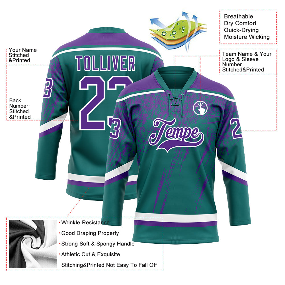 Custom Teal Purple-White 3D Splash Hockey Lace Neck Jersey view 3