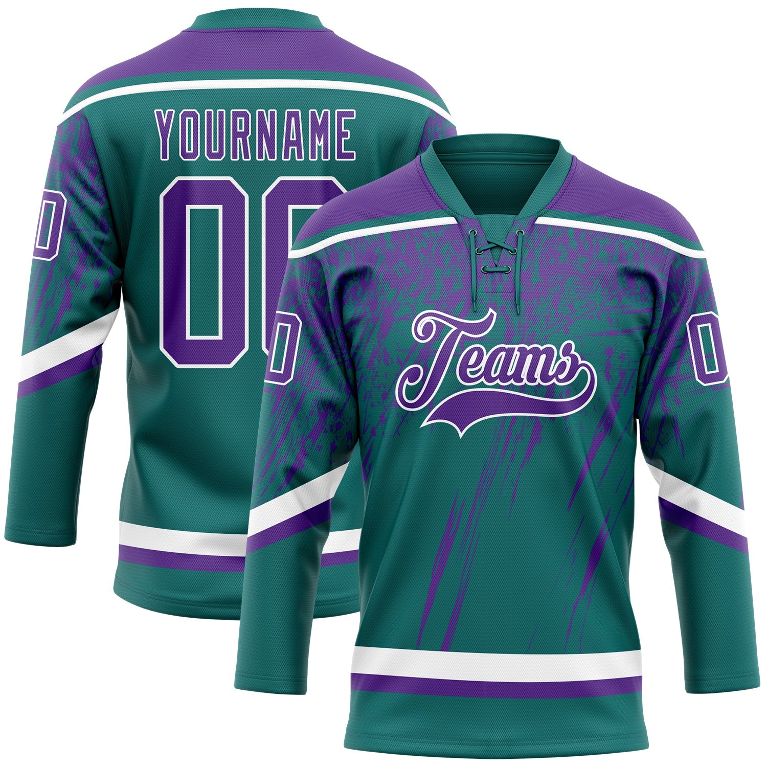 Custom Teal Purple-White 3D Splash Hockey Lace Neck Jersey - Main View