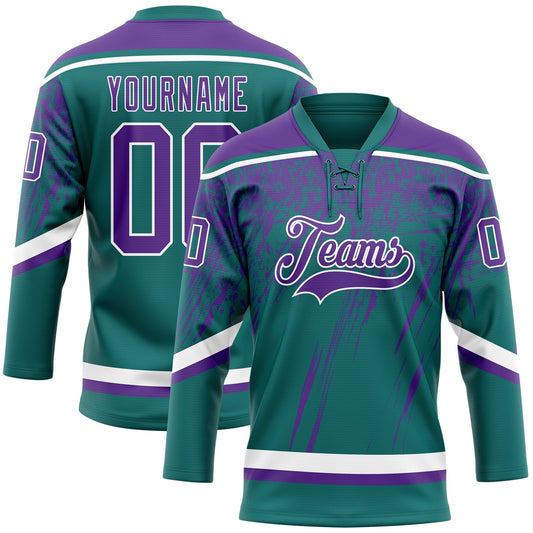 Custom Teal Purple-White 3D Splash Hockey Lace Neck Jersey - Main View