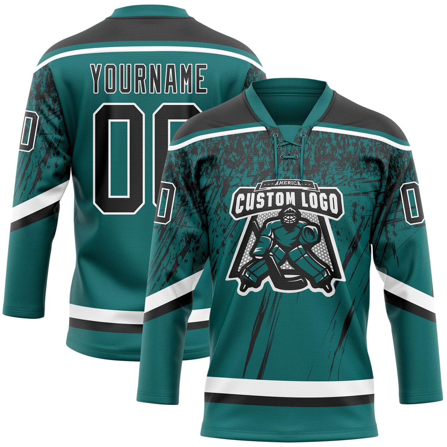 Custom Teal Black-White 3D Splash Hockey Lace Neck Jersey view 2