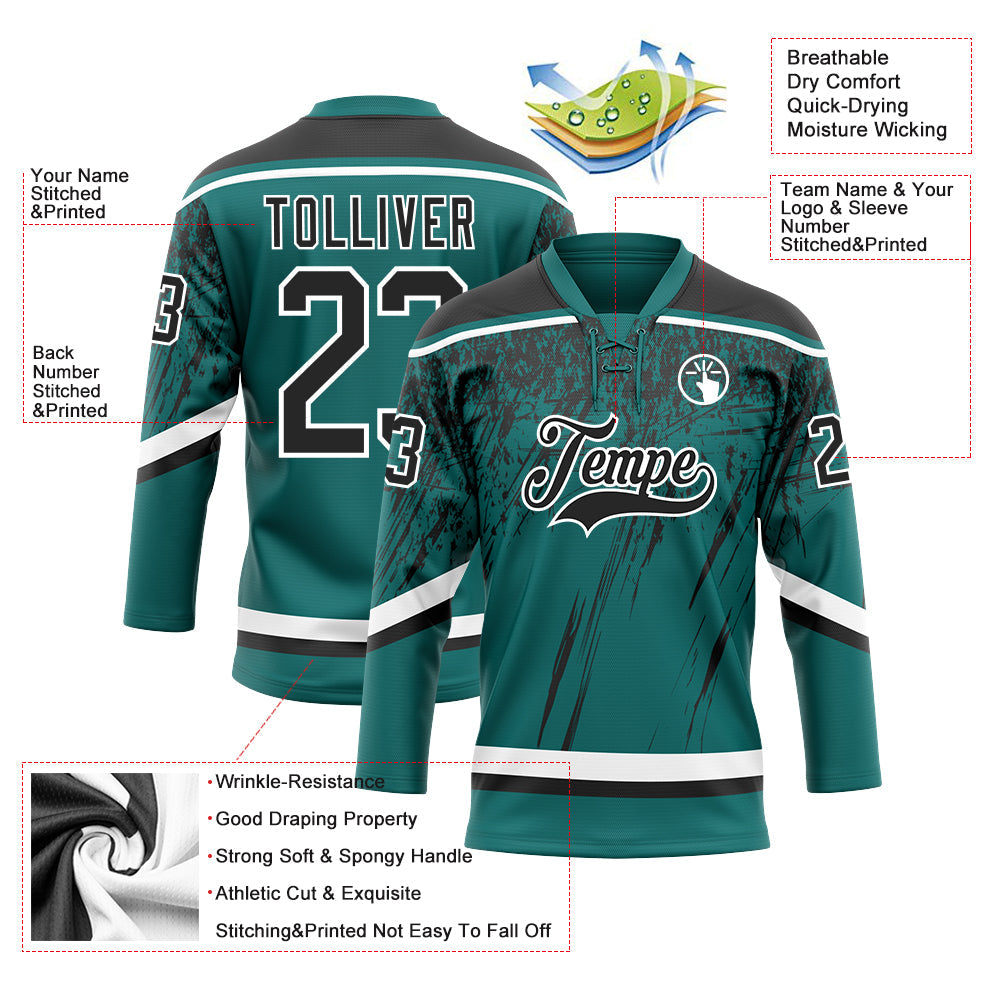 Custom Teal Black-White 3D Splash Hockey Lace Neck Jersey view 3