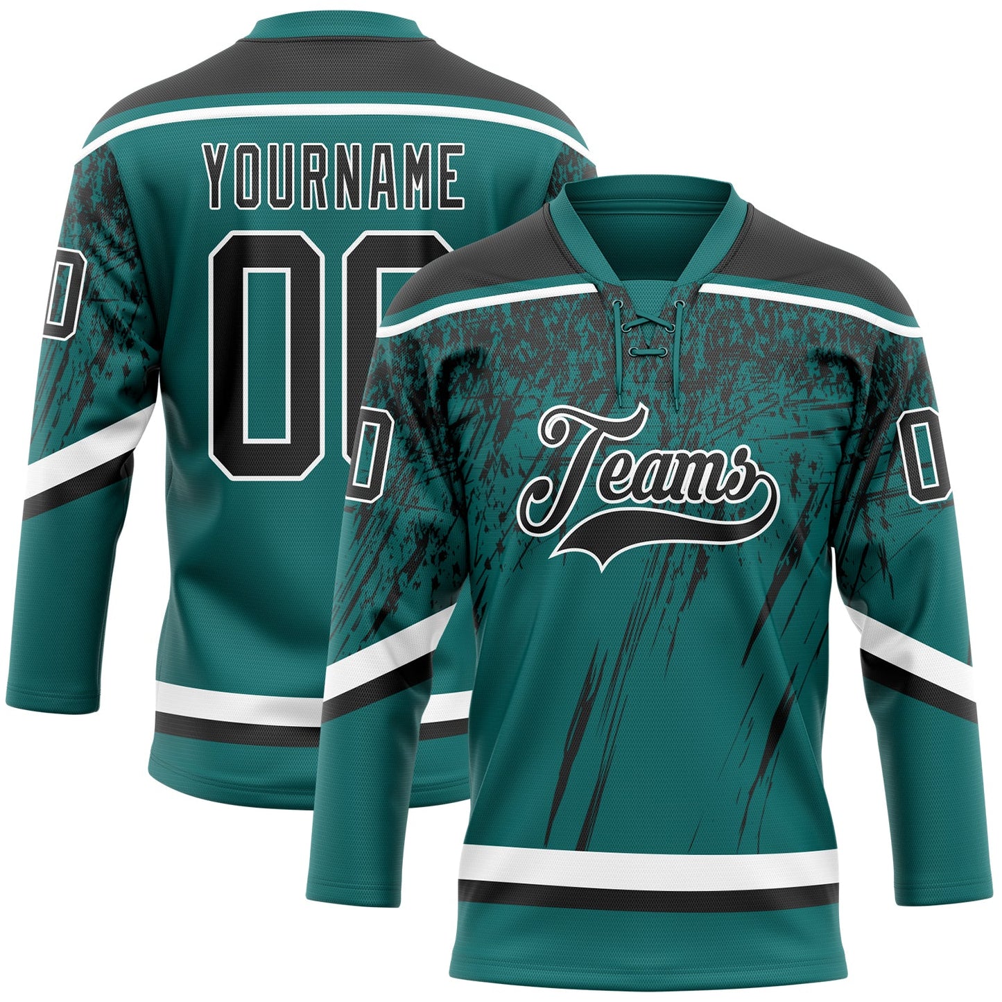 Custom Teal Black-White 3D Splash Hockey Lace Neck Jersey - Main View