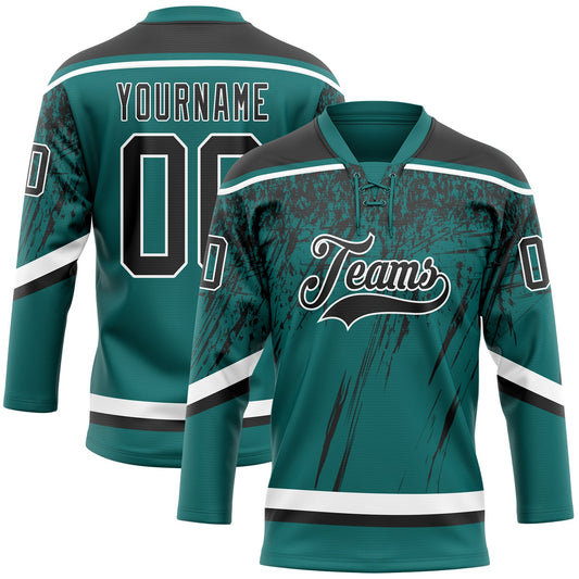 Custom Teal Black-White 3D Splash Hockey Lace Neck Jersey - Main View