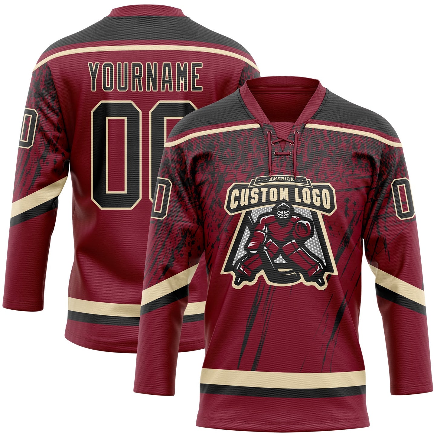 Custom Crimson Black-Cream 3D Splash Hockey Lace Neck Jersey view 2