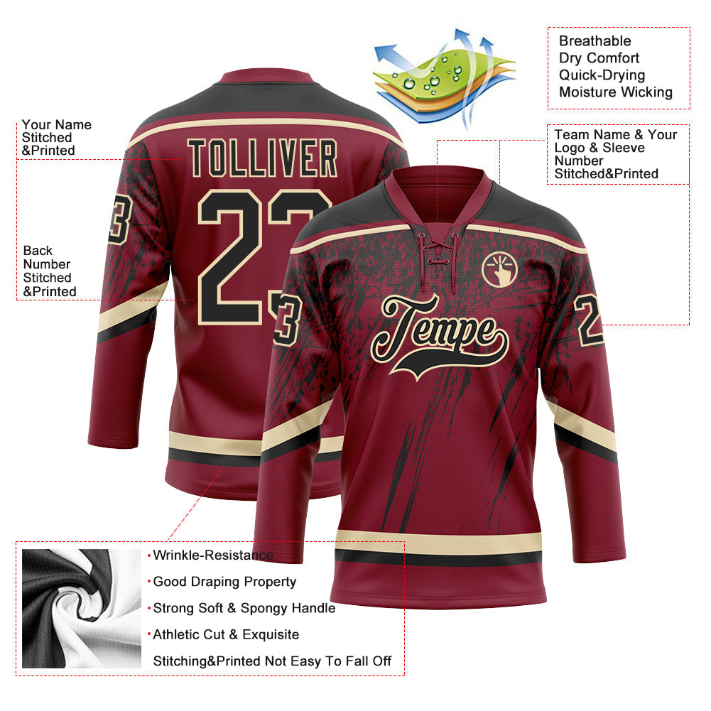 Custom Crimson Black-Cream 3D Splash Hockey Lace Neck Jersey view 3