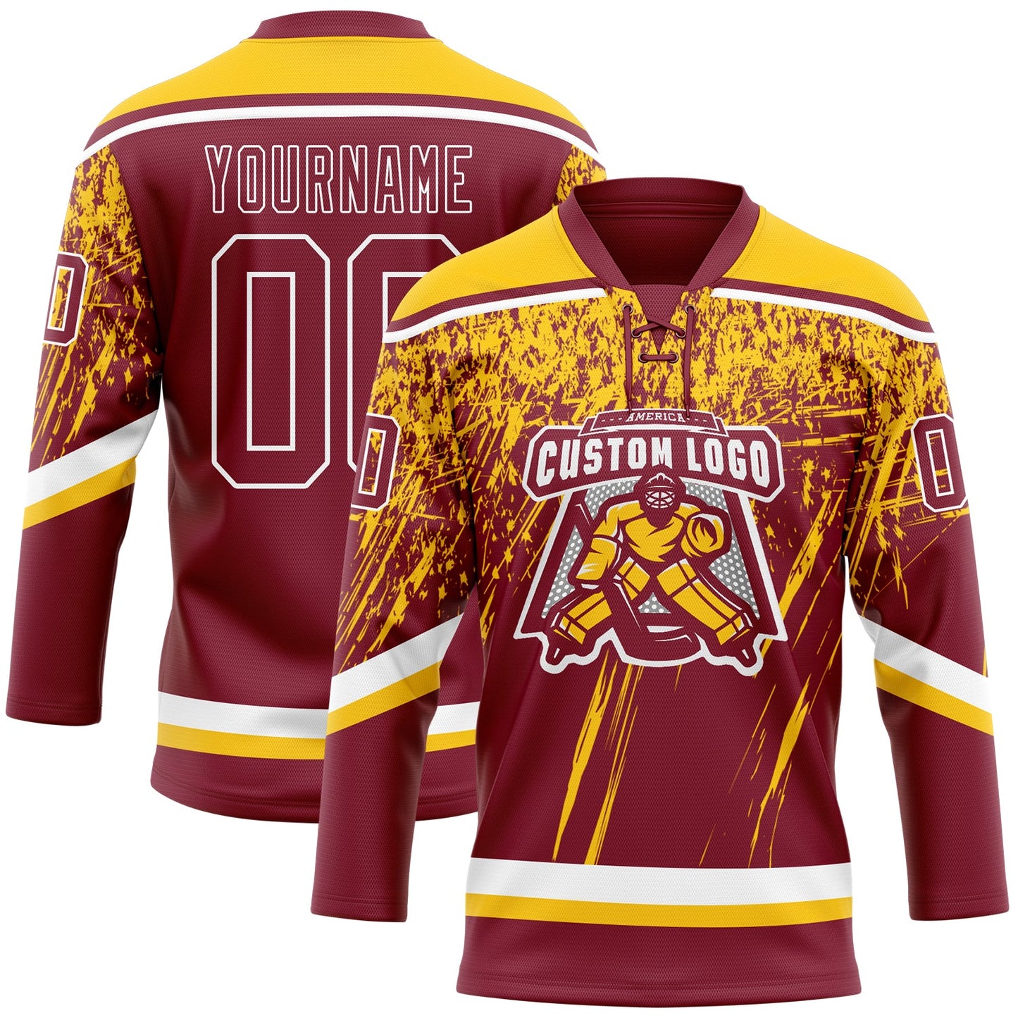 Custom Crimson Yellow-White 3D Splash Hockey Lace Neck Jersey view 2