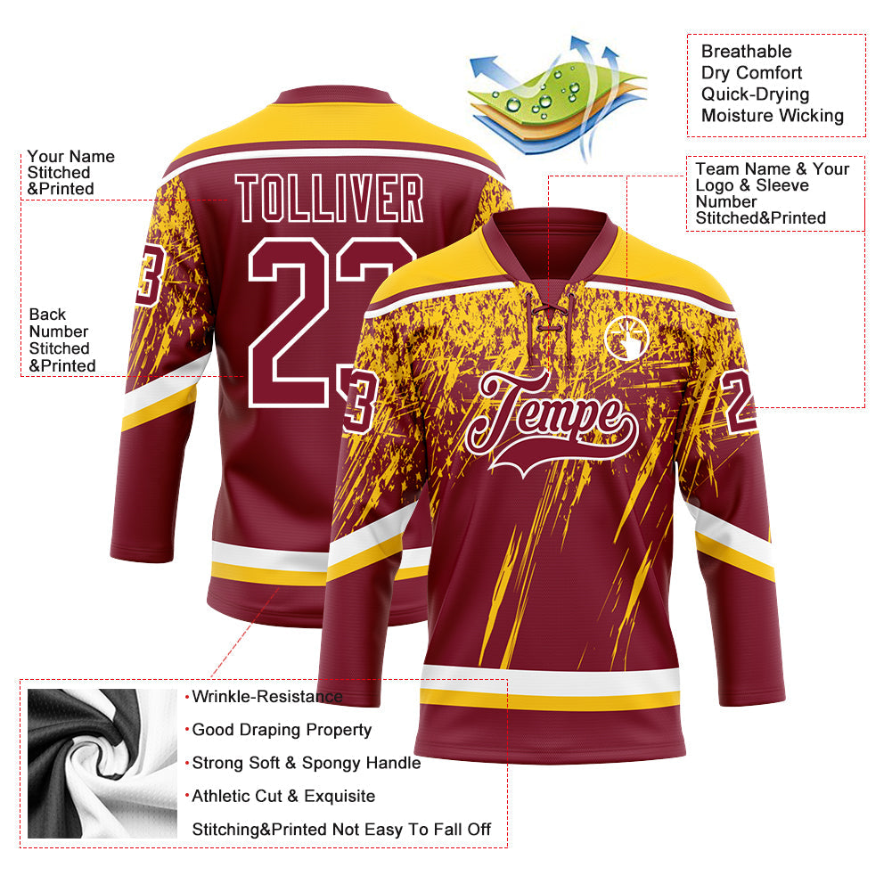 Custom Crimson Yellow-White 3D Splash Hockey Lace Neck Jersey view 3
