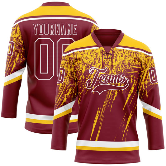Custom Crimson Yellow-White 3D Splash Hockey Lace Neck Jersey - Main View