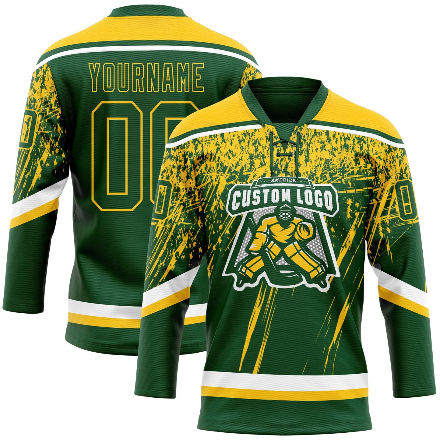 Custom Green Yellow-White 3D Splash Hockey Lace Neck Jersey view 2