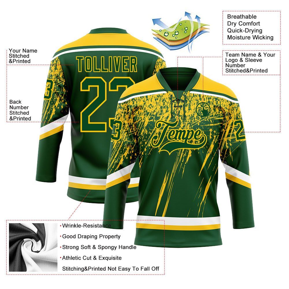 Custom Green Yellow-White 3D Splash Hockey Lace Neck Jersey view 3