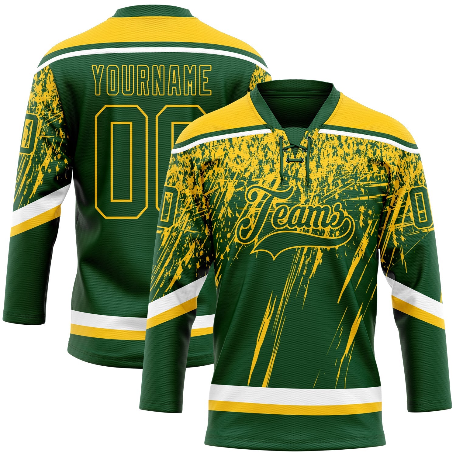 Custom Green Yellow-White 3D Splash Hockey Lace Neck Jersey - Main View