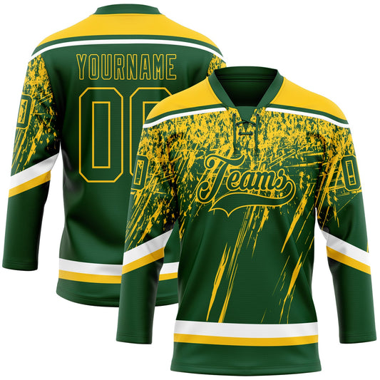 Custom Green Yellow-White 3D Splash Hockey Lace Neck Jersey - Main View
