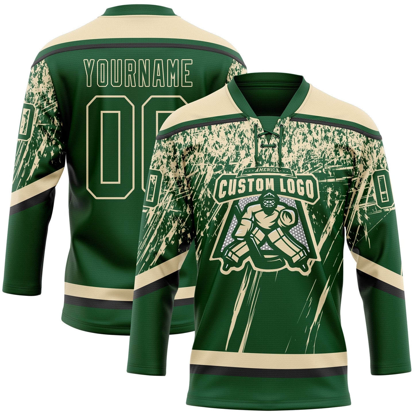 Custom Green Cream-Black 3D Splash Hockey Lace Neck Jersey view 2