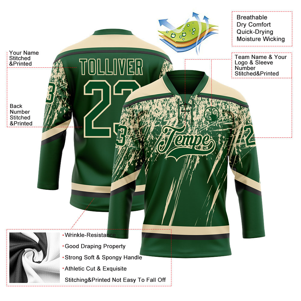 Custom Green Cream-Black 3D Splash Hockey Lace Neck Jersey view 3