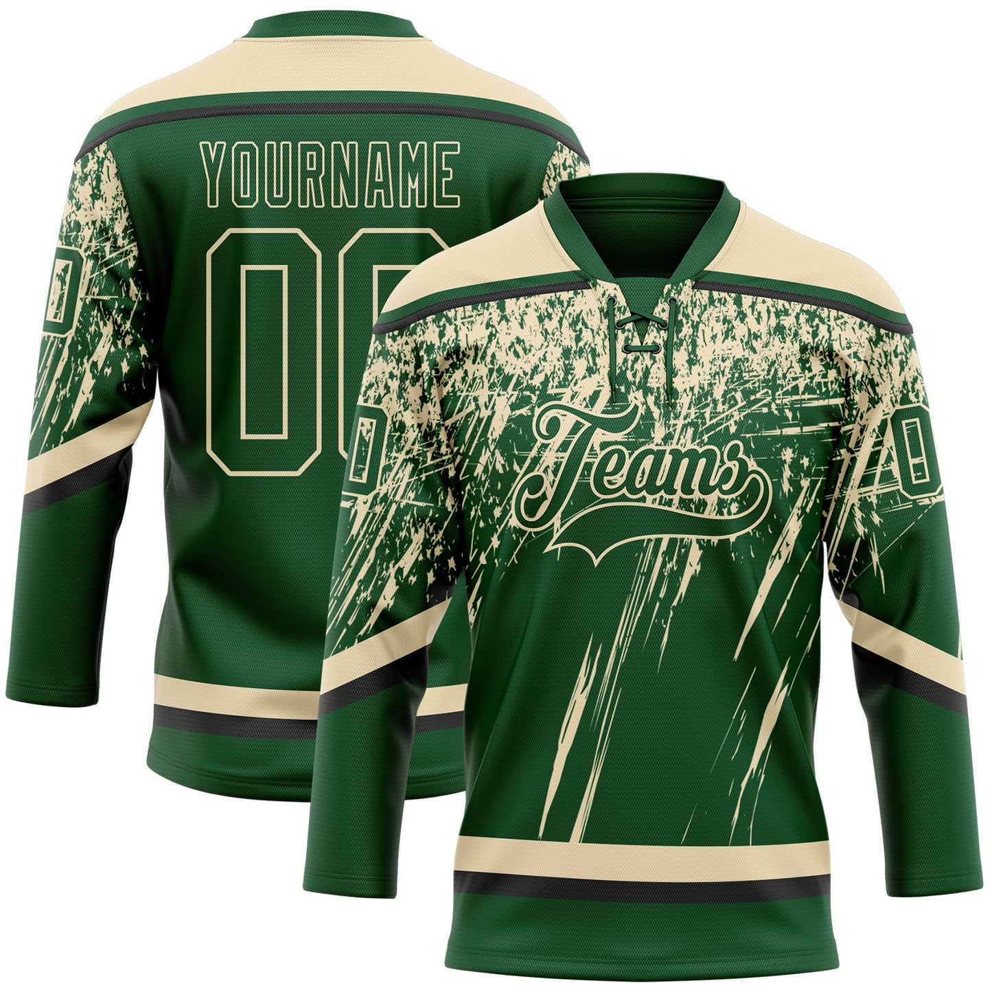 Custom Green Cream-Black 3D Splash Hockey Lace Neck Jersey - Main View