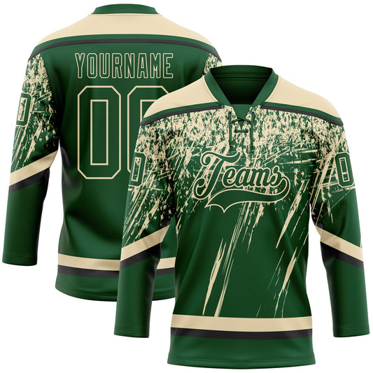 Custom Green Cream-Black 3D Splash Hockey Lace Neck Jersey - Main View