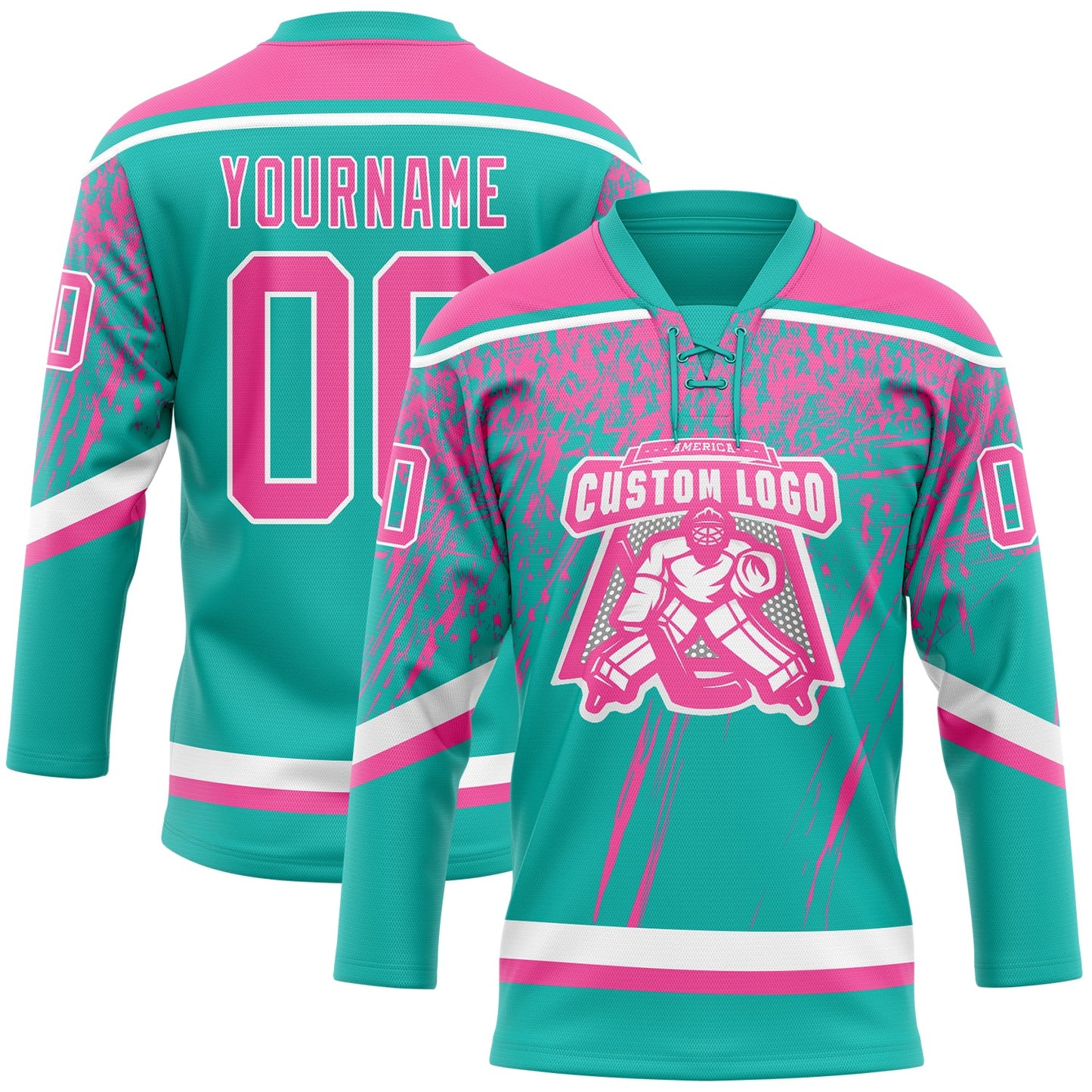 Custom Aqua Pink-White 3D Splash Hockey Lace Neck Jersey view 2