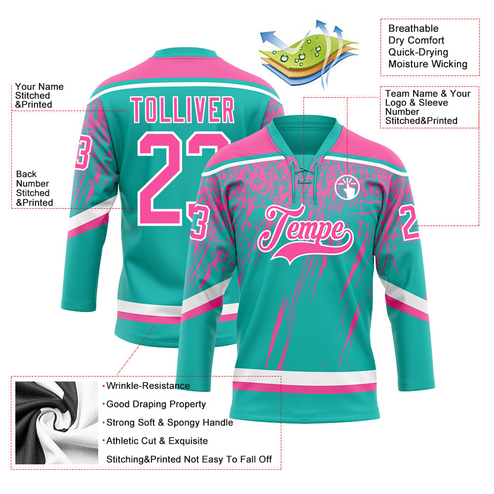 Custom Aqua Pink-White 3D Splash Hockey Lace Neck Jersey view 3