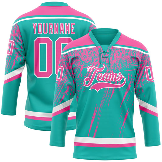 Custom Aqua Pink-White 3D Splash Hockey Lace Neck Jersey - Main View